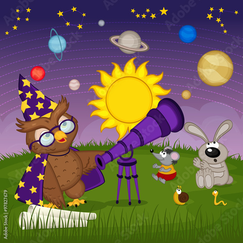 owl astronomer with animal are watching for planets  - vector illustration, eps