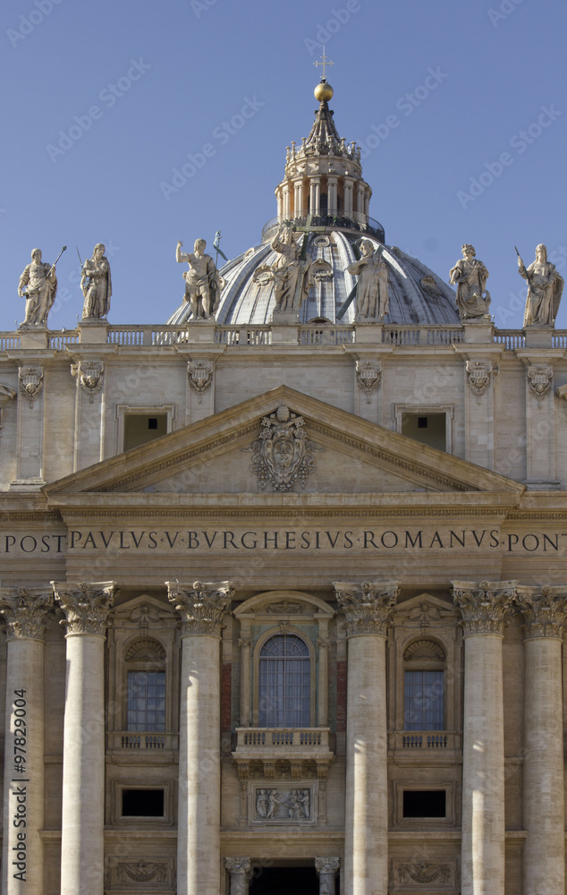 Close up of the Vatican Balcony where Pope stands, and Dome with statues in St.Peter Square, Rome