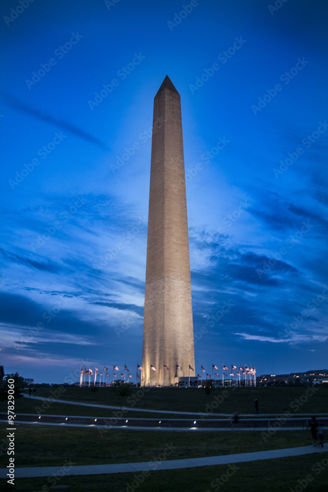 Washington Monument and circle of flags in the blue hour