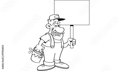 Black and white illustration of a painter holding a paint pail and a sign.