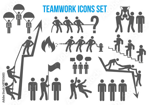 Teamwork icons set - team of business professionals working together and helping each other in times of prosperity or crisis. Together they are able to achieve more ambitious goals