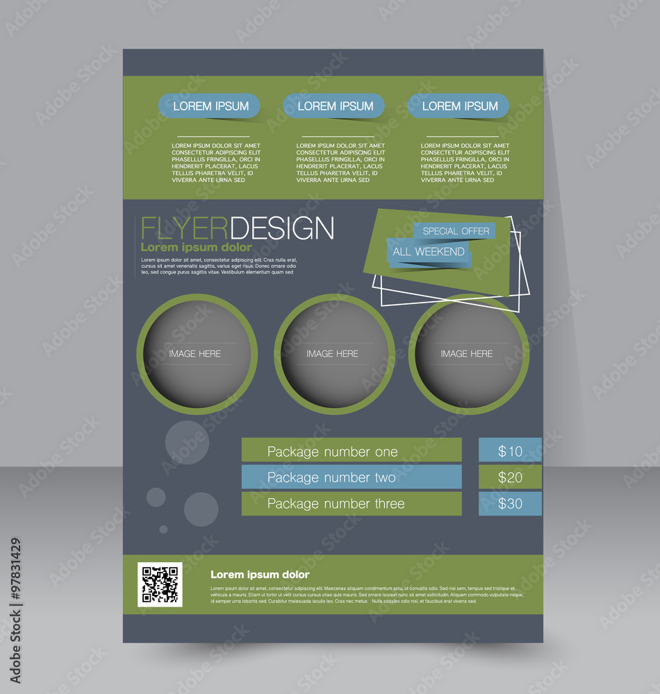 Template for brochure or flyer. Editable A4 poster for business, education, presentation, website, magazine cover. Blue and green color.