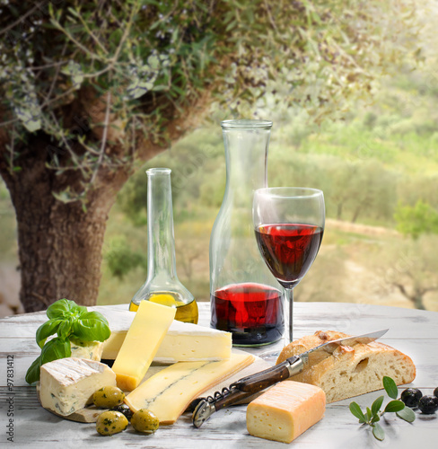 französisches Picknick mit Käse, Wein, Brot und Oliven in mediterranem Ambiente
