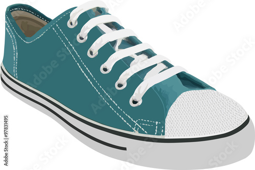 Blue sports sneakers with white laces isolated on white background. Vector illustration.