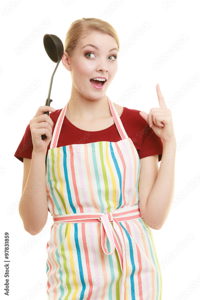 housewife or cook chef in kitchen apron with ladle housewife or cook chef in kitchen apron with ladle