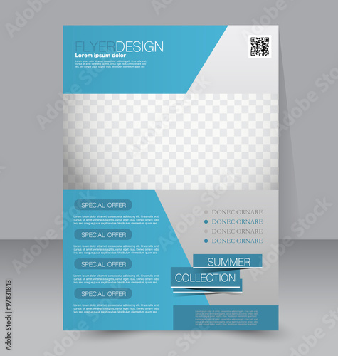 Flyer template. Business brochure. Editable A4 poster for design, education, presentation, website, magazine cover. Blue color.