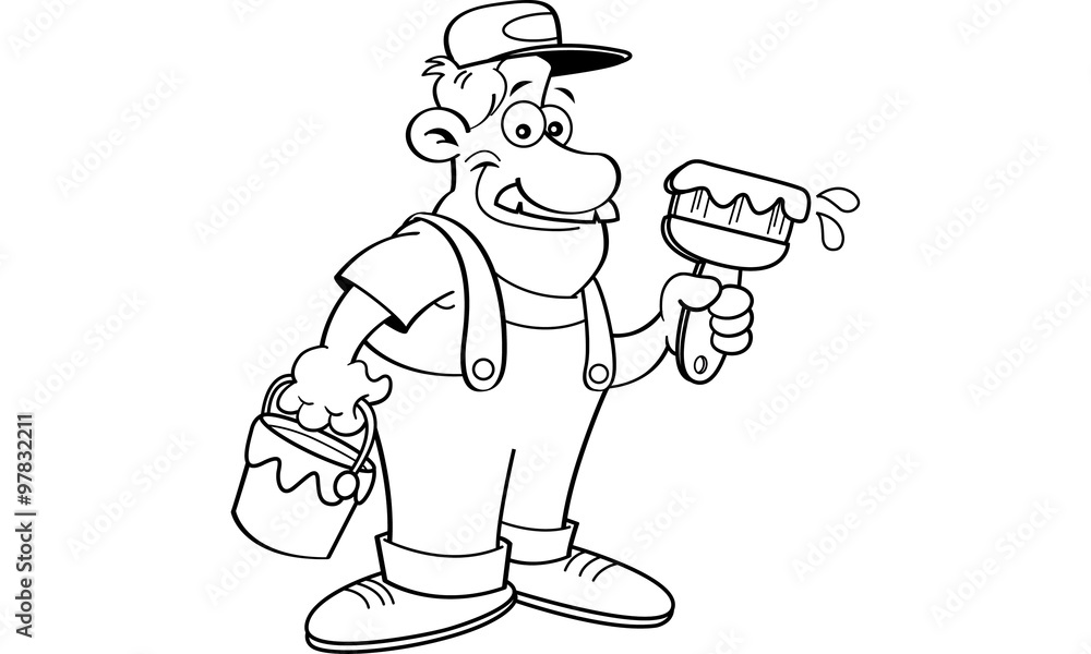 Black and white illustration of a painter holding a paint can and a paint brush. Black and white illustration of a painter holding a paint can and a paint brush.
