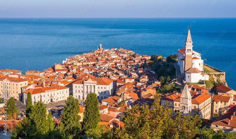 Picturesque Old Town of Piran on Peninsula in Adriatic Sea, Slovenia in the Morning. Aerial view.