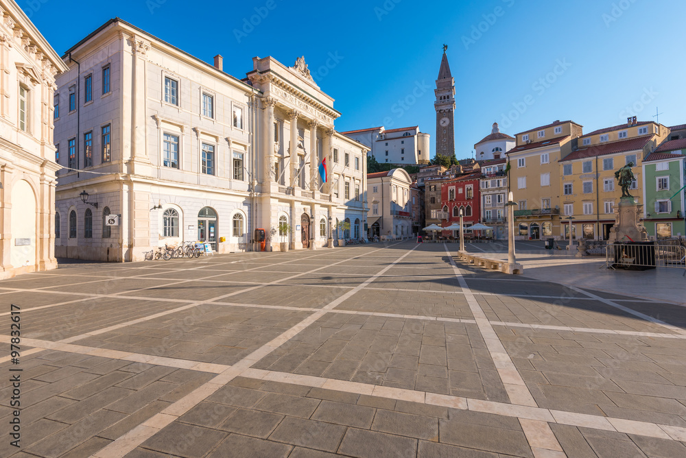 Tartini Square in Piran, Slovenia on a Hot Summer Day with Clear Blue Sky