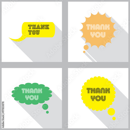 Vector speech bubbles set in flat design with shadow and phrase Thank you. 