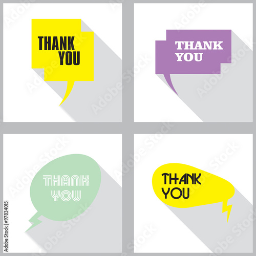 Vector speech bubbles set in flat design with shadow and phrase Thank you. 