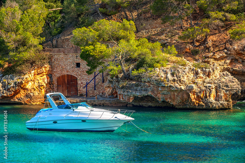 Beautiful white yacht in harbor of Cala Figuera, Mallorca, Spain © Boris Stroujko