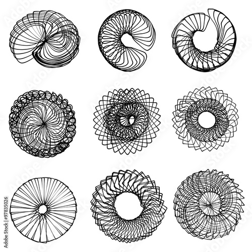 Handmade vector and illustration of nine spirographs with with a tablet, its pen and a real spirograph.
