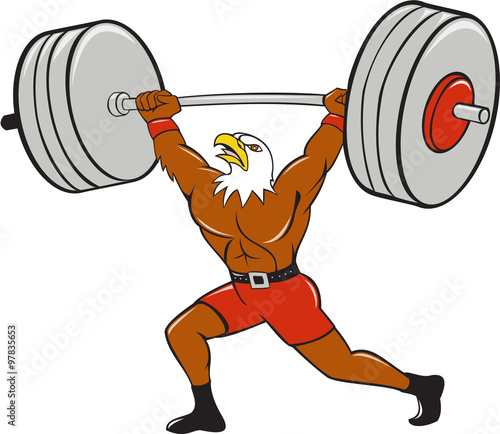 Bald Eagle Weightlifter Lifting Barbell Cartoon