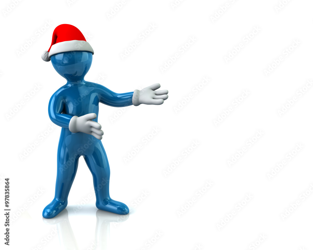 Blue cartoon man in Santa hat presenting empty space Blue cartoon man in Santa hat presenting empty space