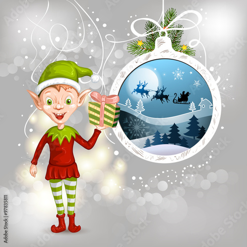 Cute Christmas elf holding a gift