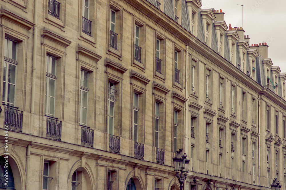Detail of elegant building architecture in Paris, France