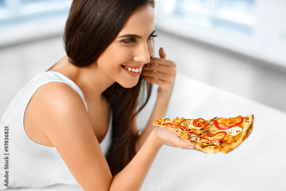 Eating Fast Food. Woman Eating Italian Pizza. Nutrition. Diet, Lifestyle. 