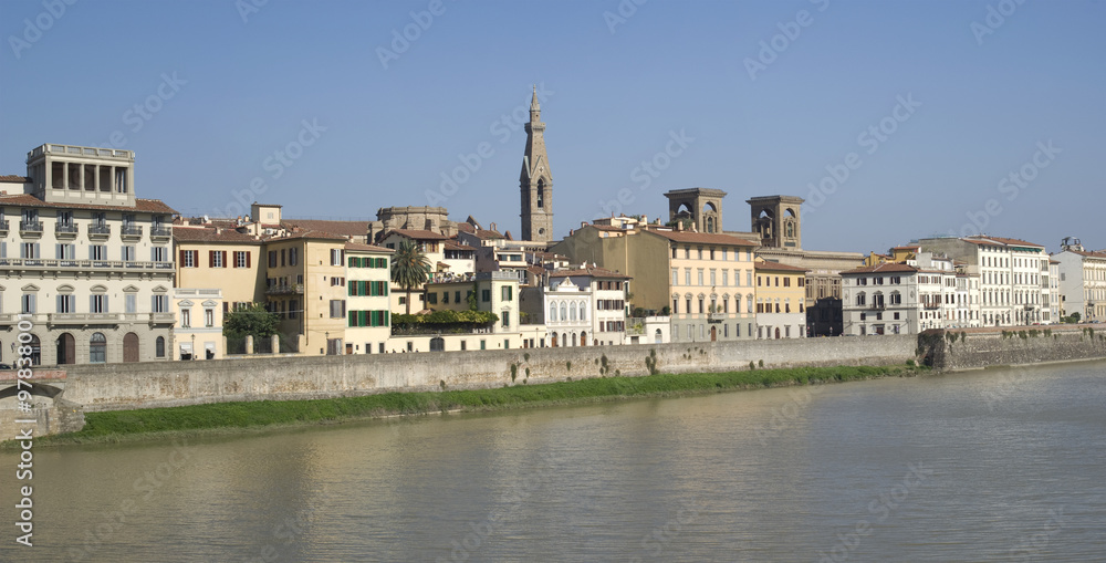 Florence old town buildings on the riverbank Arno