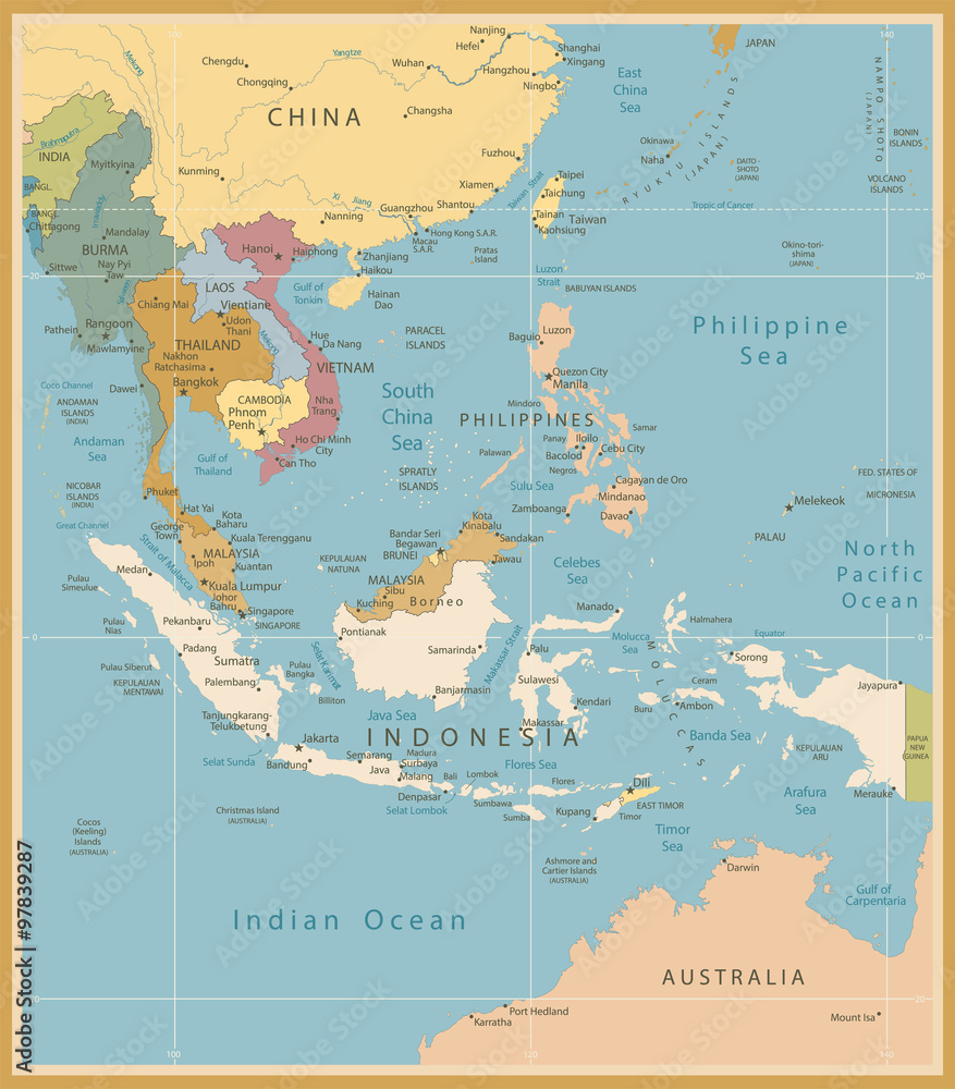 Fototapeta premium Southeast Asia Map Detailed Vintage Colors
