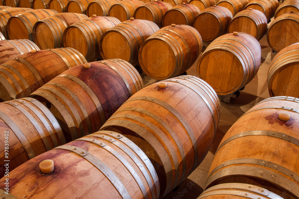 Rows of oak wine barrels in a winery cellar. Rows of oak wine barrels in a winery cellar.