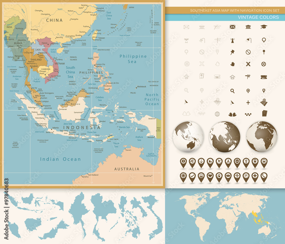 Southeast Asia Map Detailed with Navigation Icon Set. 