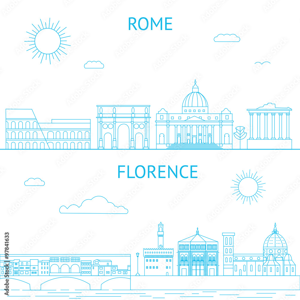 Rome and Florence vector line illustrations. Rome and Florence skyline