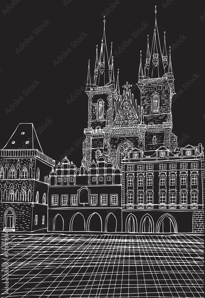 Prague town, Czech Republic. Church of Mother of God before Tyn, Old Town Square in European city, black & white vector sketch hand drawn collection.
