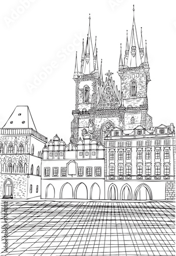 Prague town, Czech Republic. Church of Mother of God before Týn, Old Town Square in European city, black & white vector sketch hand drawn collection