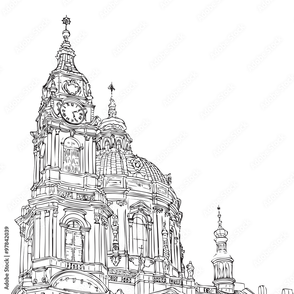 Prague, Czech Republic. St. Nicholas Church Old Town Square in European city, black & white vector sketch hand drawn collection. 