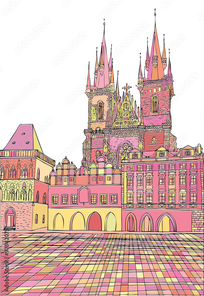 Fototapeta premium Prague town, Czech Republic. Church of Mother of God before Týn, Old Town Square in European city, black & white vector sketch hand drawn collection.