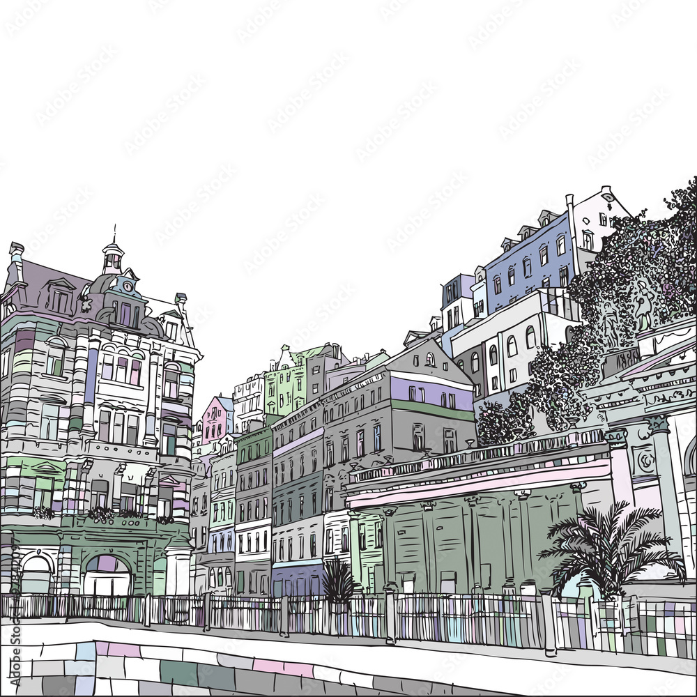 The Mill Colonnade with hotel, the biggest colonnade in Karlovy Vary, Czech Republic. Vector sketch hand drawn collection,.