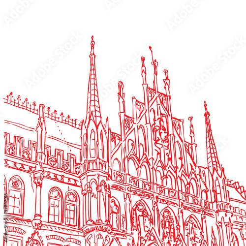 Munich Town Hall, Munich, Bavaria, capital of Germany, European city, vector sketch hand drawn collection, drawing, scribble.