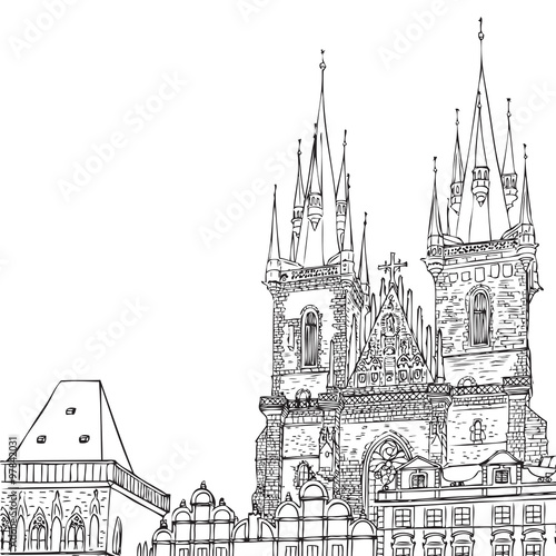 Prague town, Czech Republic. Old Town Square in European city, vector sketch hand drawn collection. 