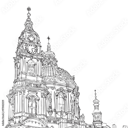 Prague, Czech Republic. St. Nicholas Church Old Town Square in European city, black & white vector sketch hand drawn collection. 
