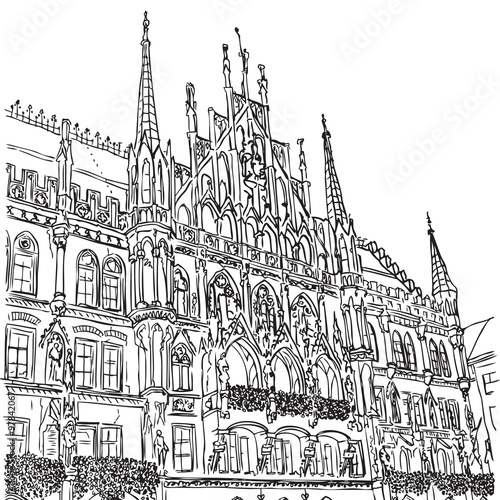Munich Town Hall, Munich, Bavaria, capital of Germany, European city, vector sketch hand drawn collection, drawing, scribble. 