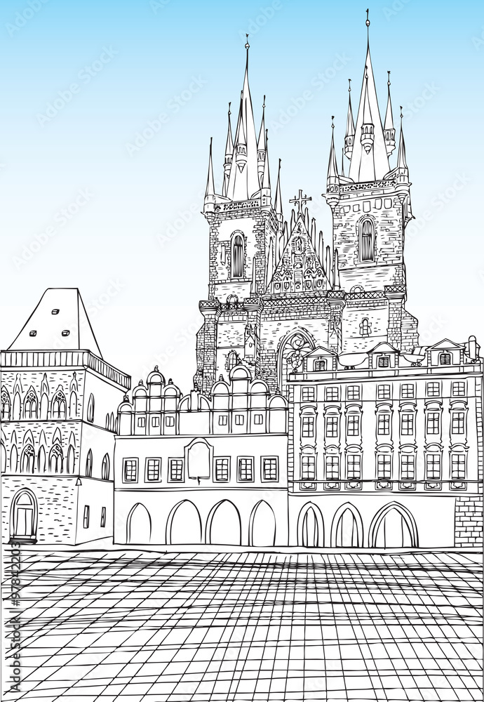 Munich Town Hall, Munich, Bavaria, capital of Prague town, Czech Republic. Church of Mother of God before Týn, Old Town Square in European city, black & white vector sketch hand drawn collection 