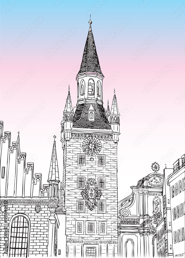 Old Town Hall, Munich, Bavaria, Germany, European city, vector sketch hand drawn collection. Famous, tourists & travel, popular historic city attraction, street and routes. Tourism concept.