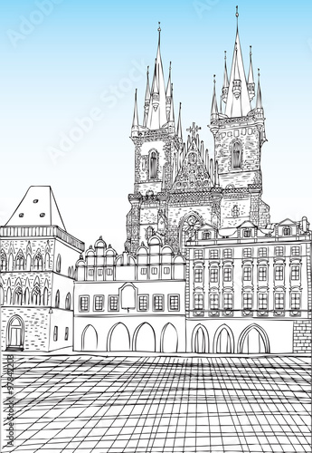 Munich Town Hall  Munich  Bavaria  capital of Prague town  Czech Republic. Church of Mother of God before T  n  Old Town Square in European city  black   white vector sketch hand drawn collection 