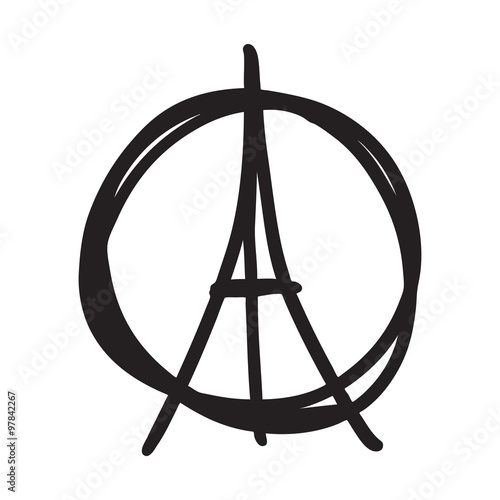 Freehand sketch illustration of pray and Eiffel tower peace sign on white background, hand drawn doodle, Pray for Paris, Pray for France