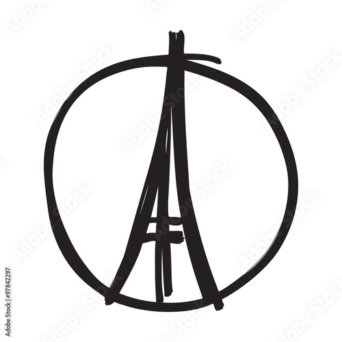 Freehand sketch of Eiffel Tower. Abstract banners Pray for France. Pray for killed victims and remembrance day.