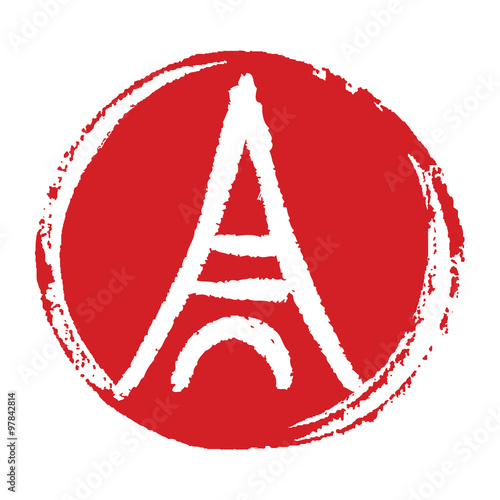 Eiffel Tower in painted ink circle shape background, France, Paris, symbol, logo or pin. Design for print.