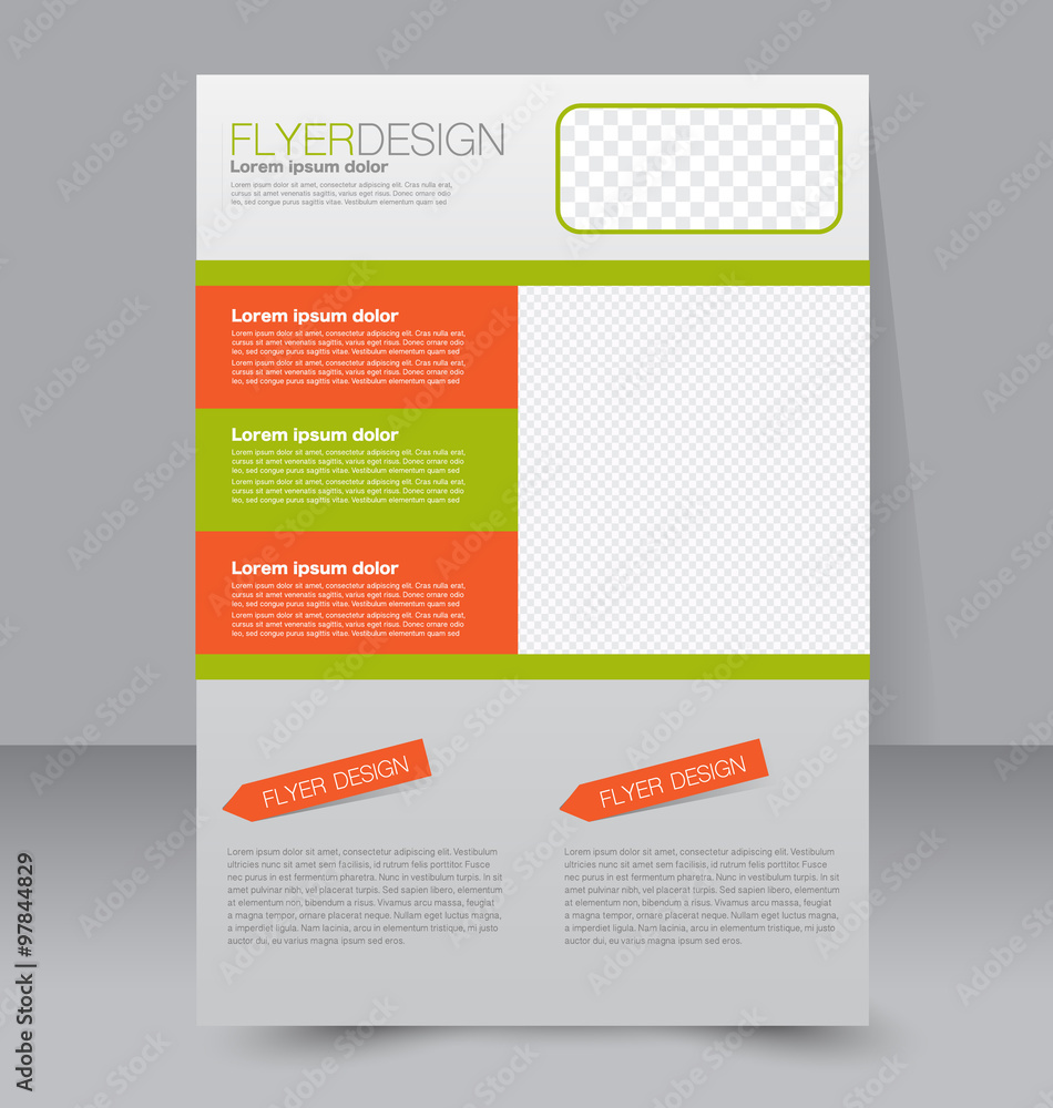 Template for brochure or flyer. Editable A4 poster for business, education, presentation, website, magazine cover. Orange and green color.