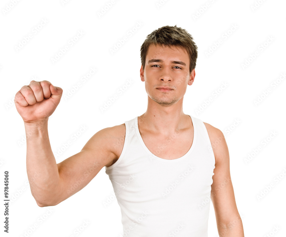Exited young man clenched fist arm Exited young man clenched fist arm