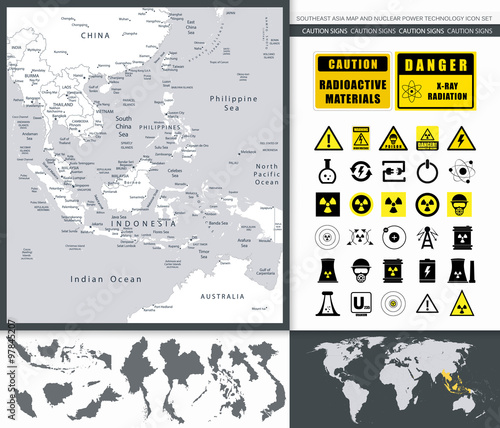 Southeast Asia Map And Nuclear Power Technology Icon Set