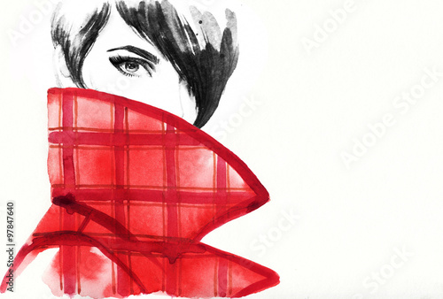 Woman portrait with coat. beautiful face. abstract watercolor .fashion background