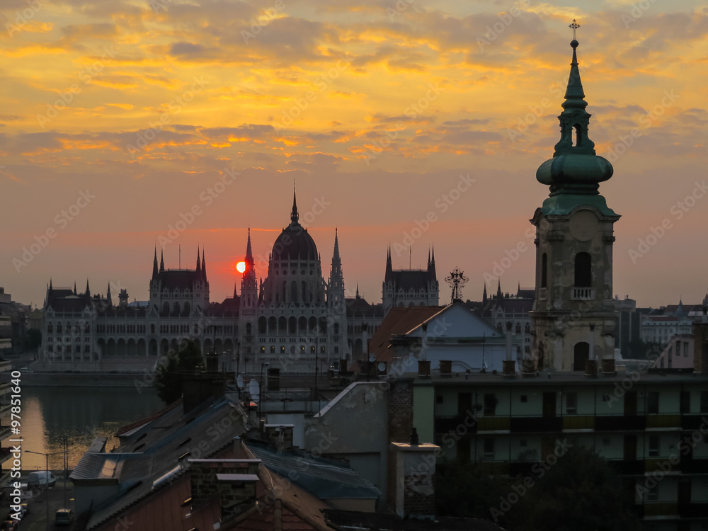 View of Parliament and roofs of Budapest, Hungary