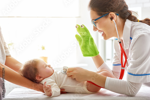 Photography doctor examining a baby