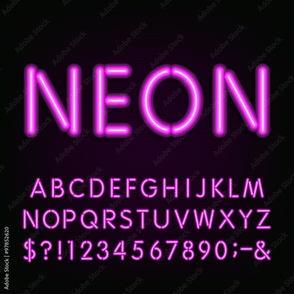 Neon Light Alphabet Font. Type letters, numbers and symbols. Purple neon tube letters on the dark background. Vector typeface for labels, titles, posters etc.
