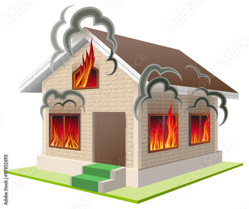 Stone house burns. Property insurance against fire. Home insurance